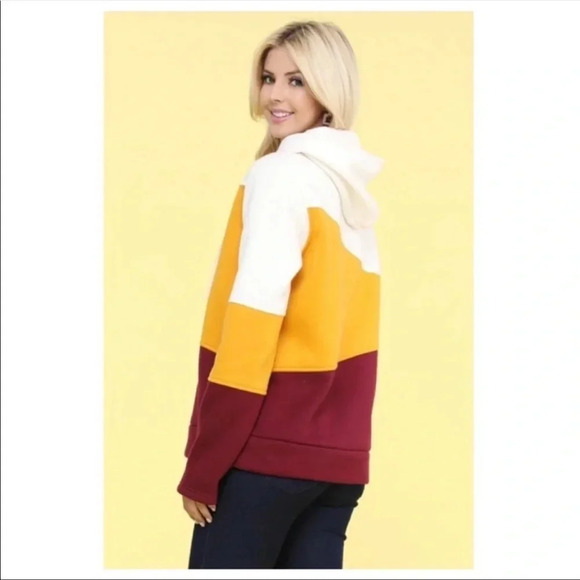 Doublju Color Block Hoodie Sweatshirt — Mustard Maroon Cream Pullover, Sz large - Picture 3 of 3